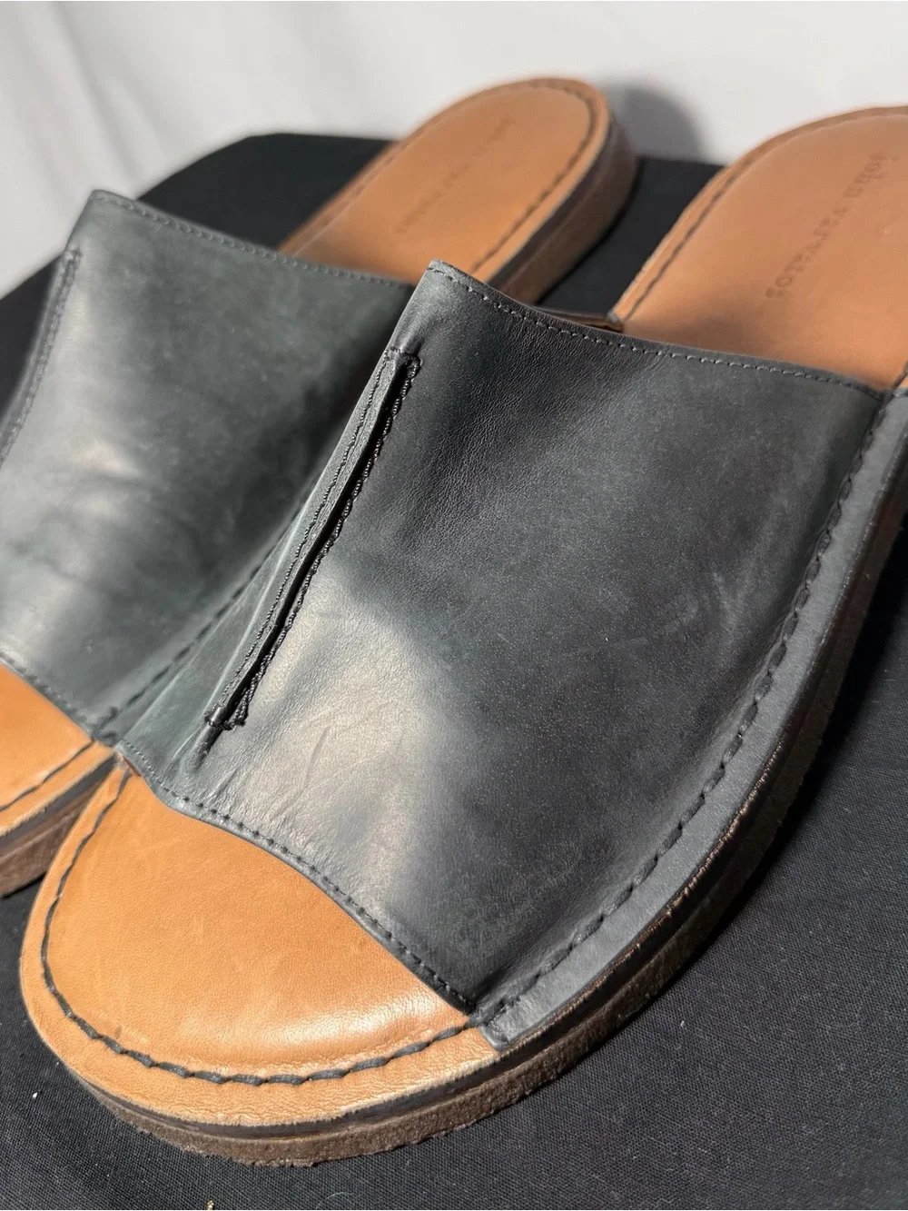 John Varvatos Black Leather Slide Sandals with Tan Footbed